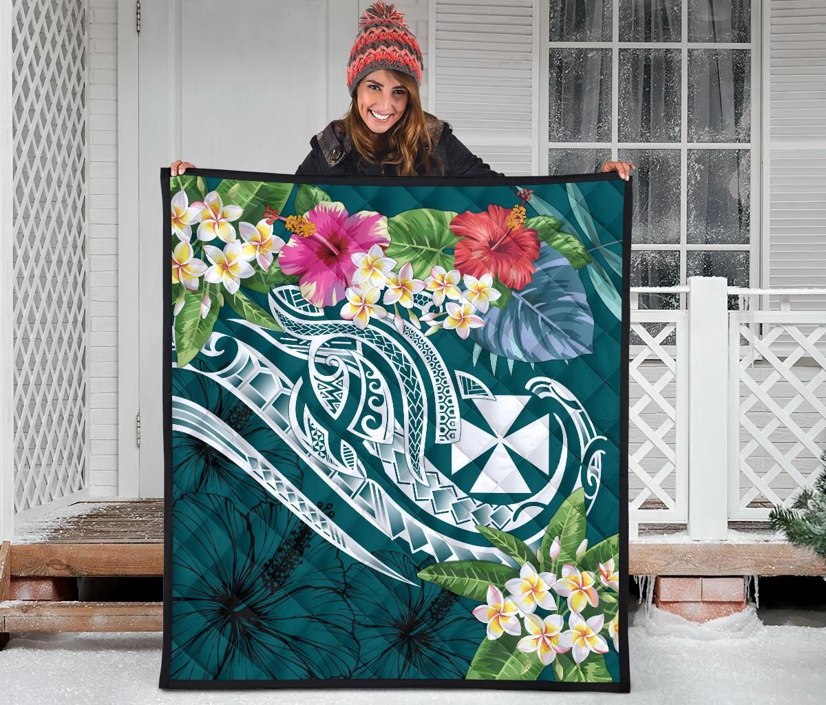 Wallis and Futuna Polynesian Premium Quilt - Summer Plumeria (Turquoise)