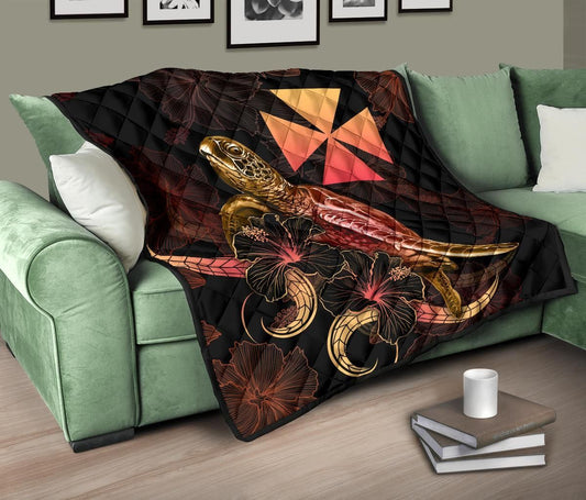 Wallis And Futuna Polynesian Premium Quilt - Turtle With Blooming Hibiscus Gold