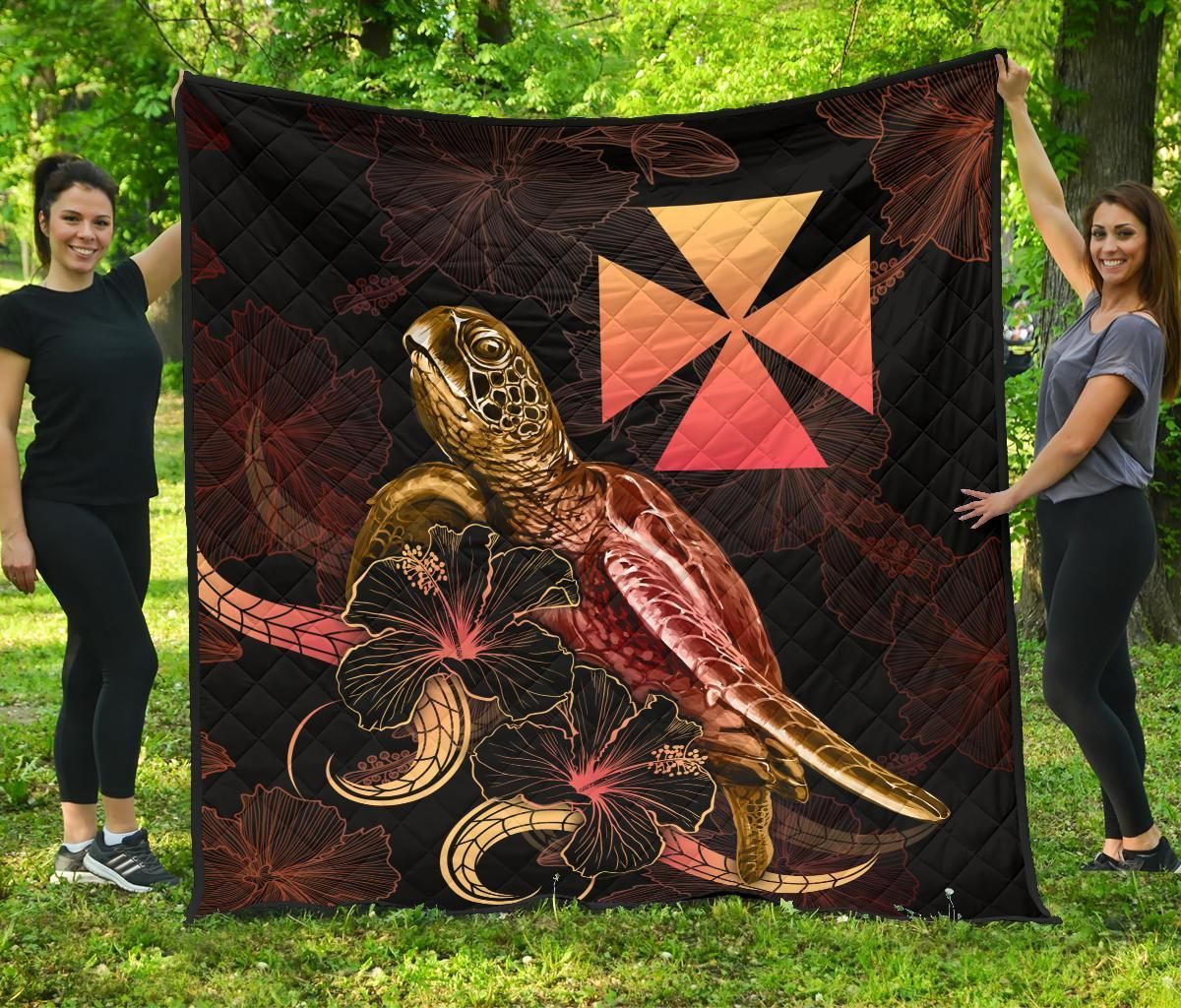 Wallis And Futuna Polynesian Premium Quilt - Turtle With Blooming Hibiscus Gold