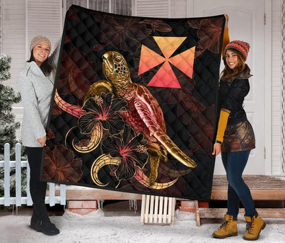 Wallis And Futuna Polynesian Premium Quilt - Turtle With Blooming Hibiscus Gold