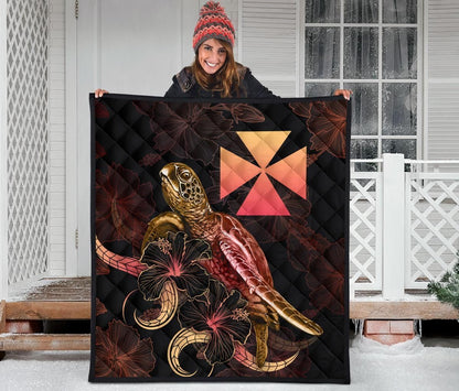 Wallis And Futuna Polynesian Premium Quilt - Turtle With Blooming Hibiscus Gold