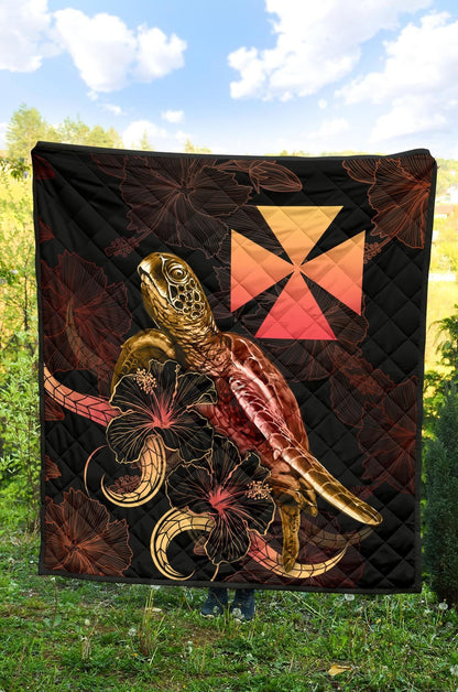 Wallis And Futuna Polynesian Premium Quilt - Turtle With Blooming Hibiscus Gold
