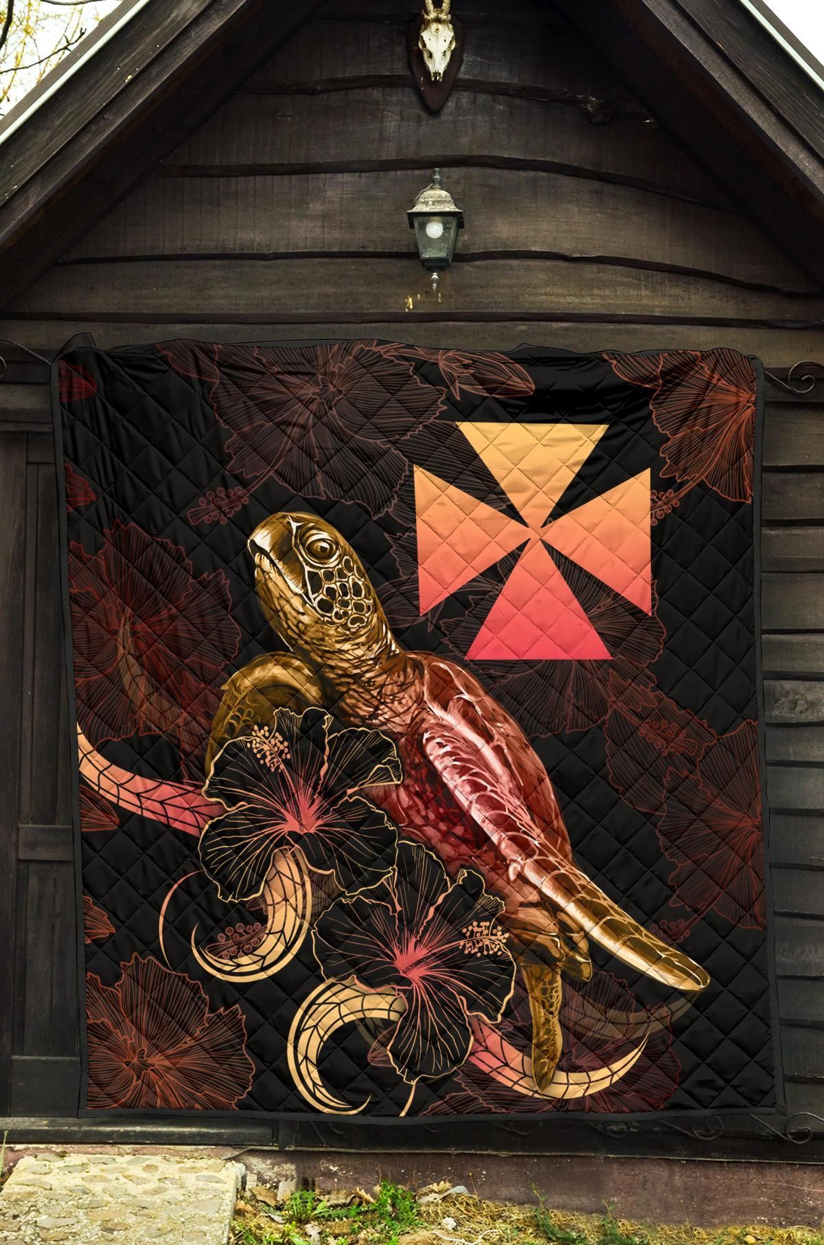 Wallis And Futuna Polynesian Premium Quilt - Turtle With Blooming Hibiscus Gold