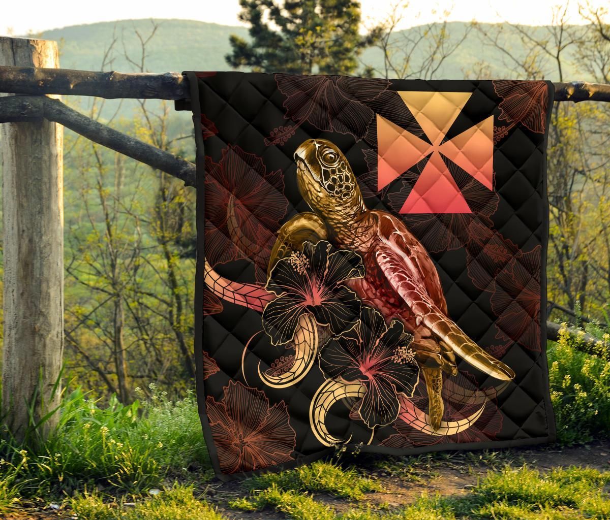 Wallis And Futuna Polynesian Premium Quilt - Turtle With Blooming Hibiscus Gold
