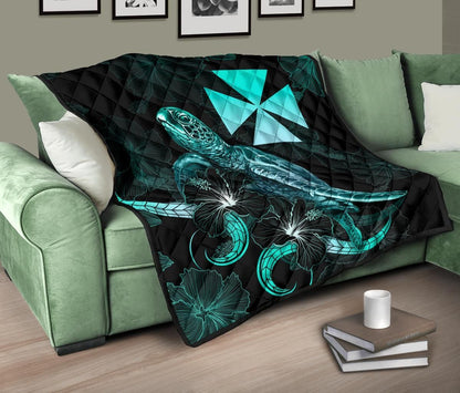 Wallis and Futuna Polynesian Premium Quilt - Turtle With Blooming Hibiscus Turquoise