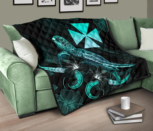 Wallis and Futuna Polynesian Premium Quilt - Turtle With Blooming Hibiscus Turquoise