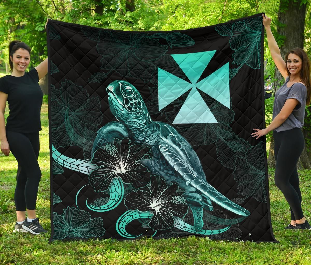 Wallis and Futuna Polynesian Premium Quilt - Turtle With Blooming Hibiscus Turquoise