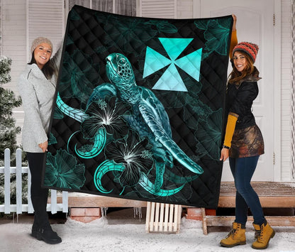 Wallis and Futuna Polynesian Premium Quilt - Turtle With Blooming Hibiscus Turquoise