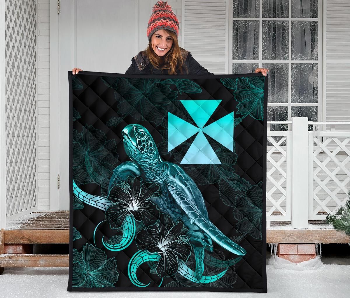 Wallis and Futuna Polynesian Premium Quilt - Turtle With Blooming Hibiscus Turquoise