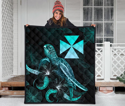 Wallis and Futuna Polynesian Premium Quilt - Turtle With Blooming Hibiscus Turquoise