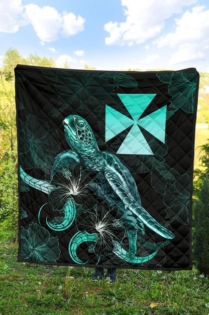 Wallis and Futuna Polynesian Premium Quilt - Turtle With Blooming Hibiscus Turquoise