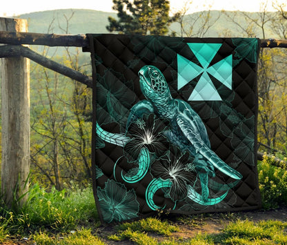 Wallis and Futuna Polynesian Premium Quilt - Turtle With Blooming Hibiscus Turquoise