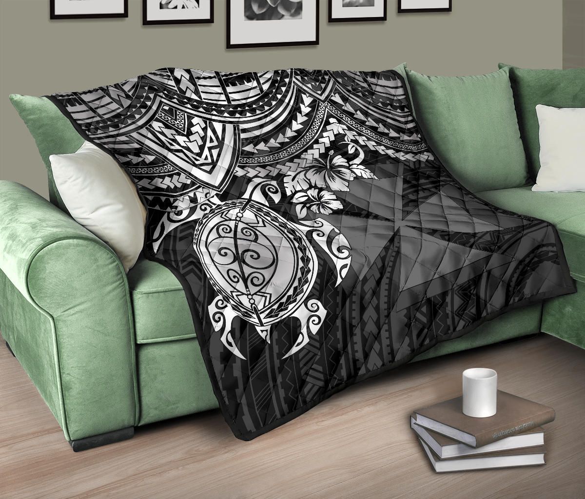 Wallis and Futuna Polynesian Premium Quilt - Wallis and Futuna Coat Of Arms & White Turtle Hibiscus