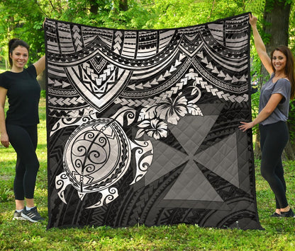 Wallis and Futuna Polynesian Premium Quilt - Wallis and Futuna Coat Of Arms & White Turtle Hibiscus