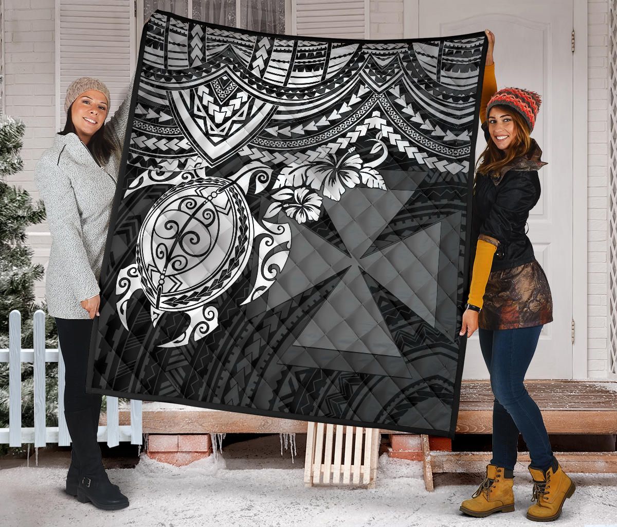 Wallis and Futuna Polynesian Premium Quilt - Wallis and Futuna Coat Of Arms & White Turtle Hibiscus