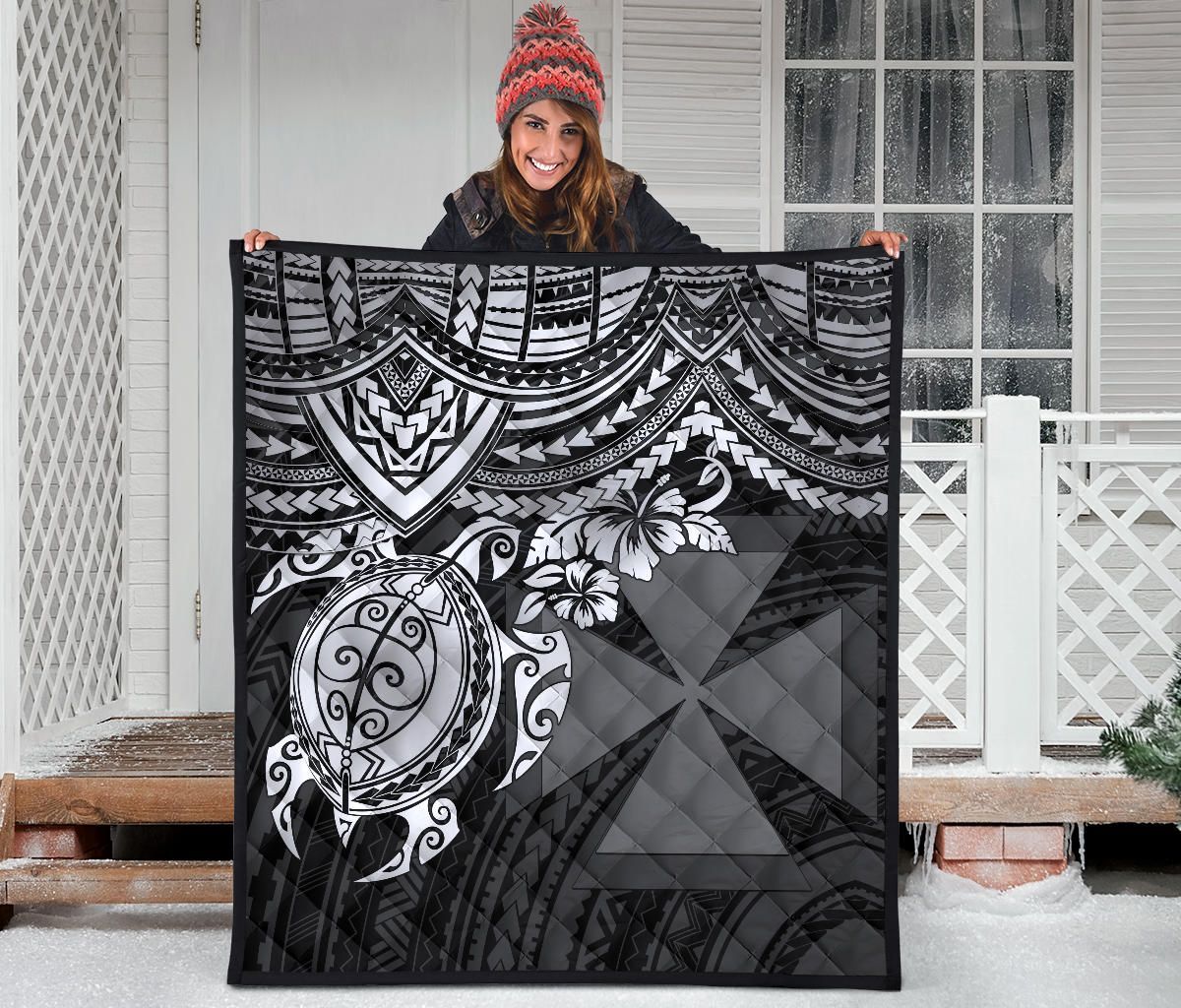 Wallis and Futuna Polynesian Premium Quilt - Wallis and Futuna Coat Of Arms & White Turtle Hibiscus