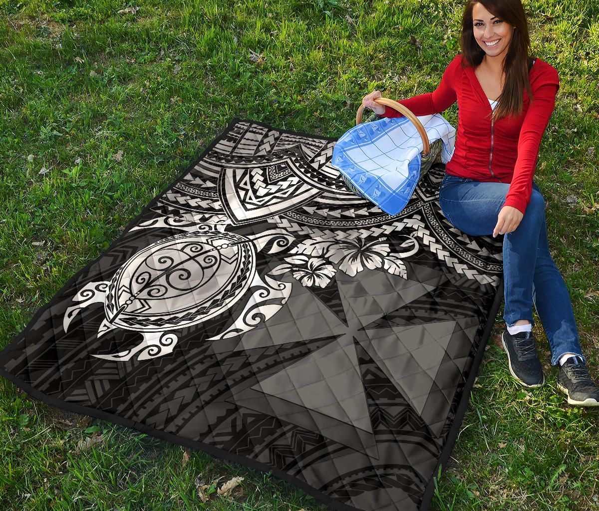 Wallis and Futuna Polynesian Premium Quilt - Wallis and Futuna Coat Of Arms & White Turtle Hibiscus
