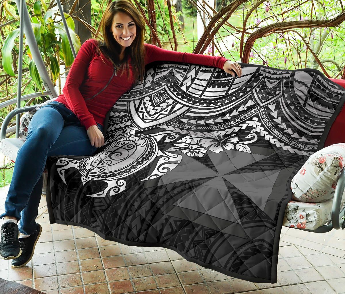 Wallis and Futuna Polynesian Premium Quilt - Wallis and Futuna Coat Of Arms & White Turtle Hibiscus