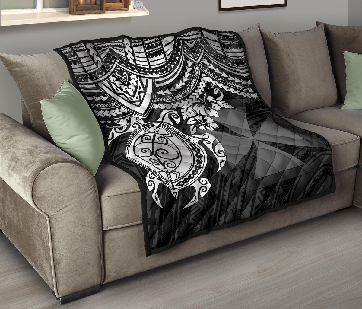 Wallis and Futuna Polynesian Premium Quilt - Wallis and Futuna Coat Of Arms & White Turtle Hibiscus