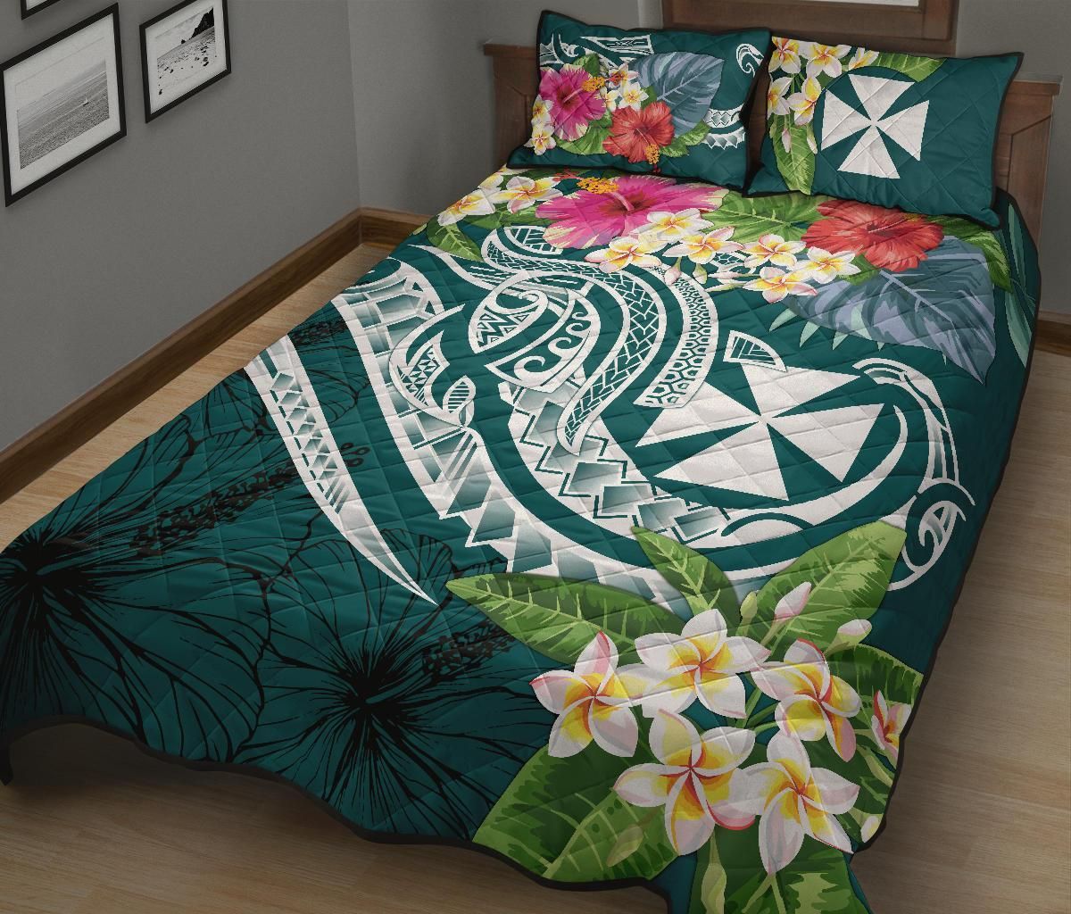 Wallis and Futuna Polynesian Quilt Bed Set - Summer Plumeria (Turquoise)