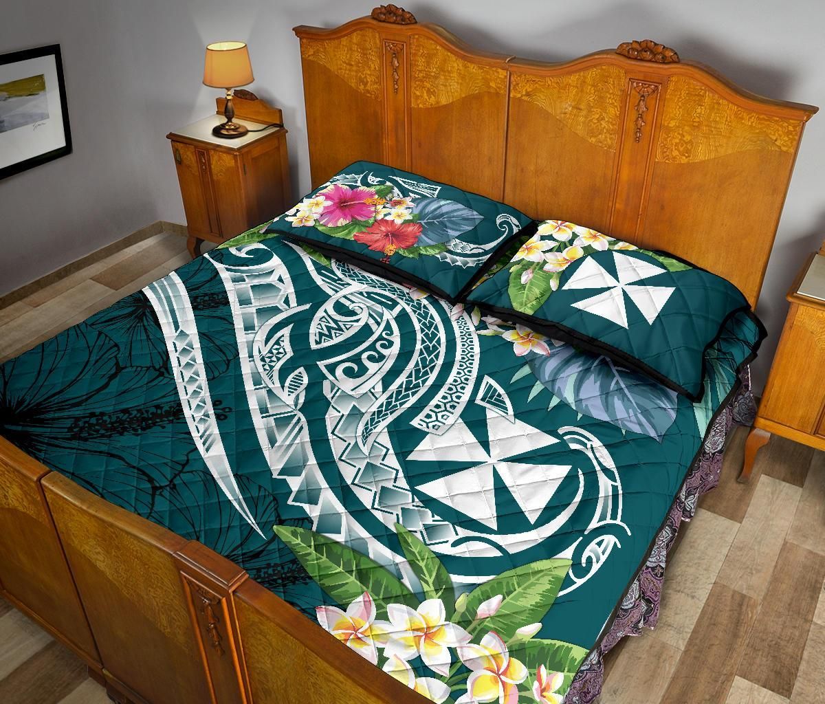 Wallis and Futuna Polynesian Quilt Bed Set - Summer Plumeria (Turquoise)