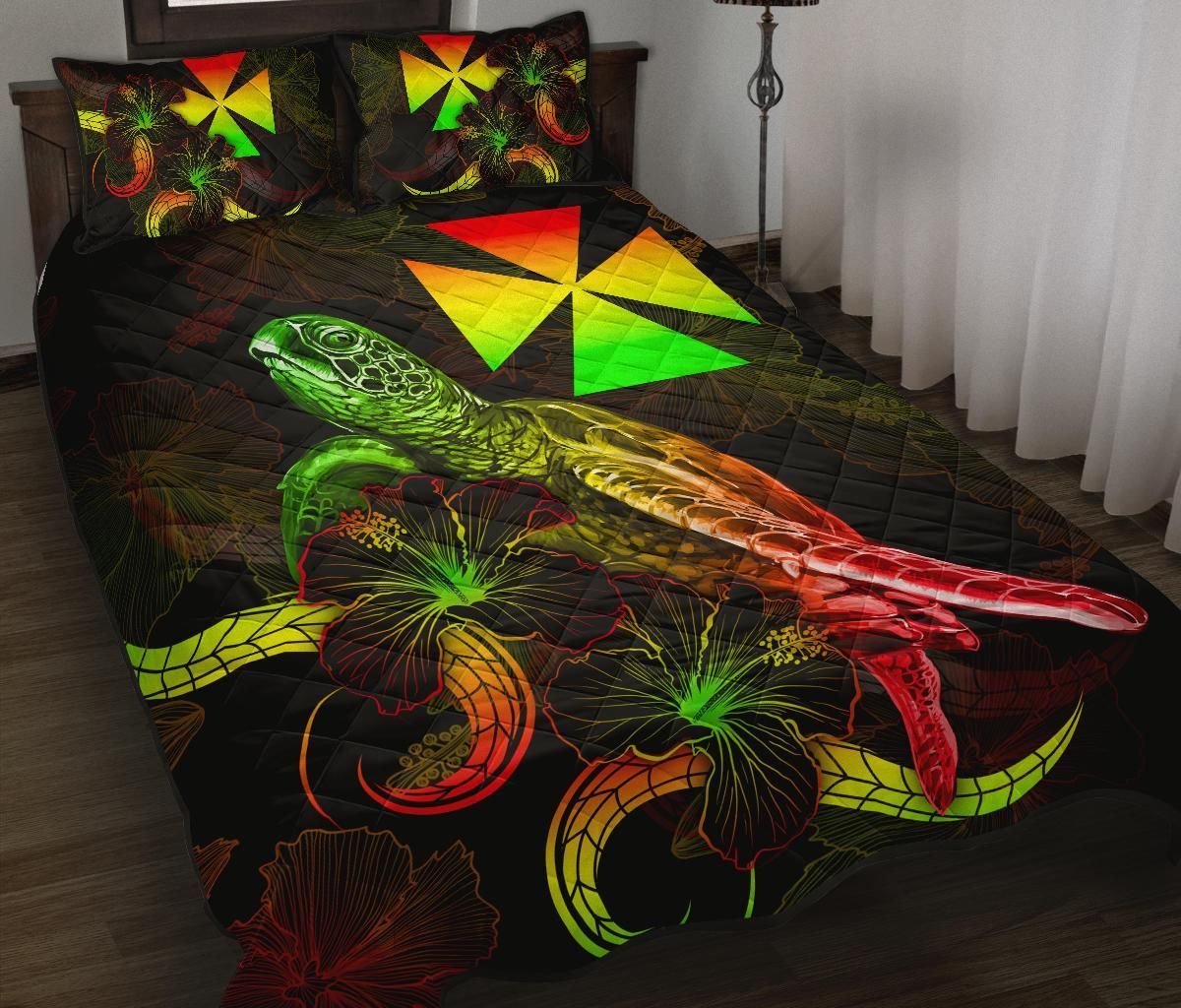 Wallis and Futuna Polynesian Quilt Bed Set - Turtle With Blooming Hibiscus Reggae