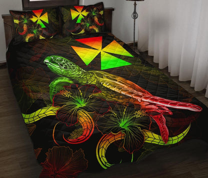Wallis and Futuna Polynesian Quilt Bed Set - Turtle With Blooming Hibiscus Reggae