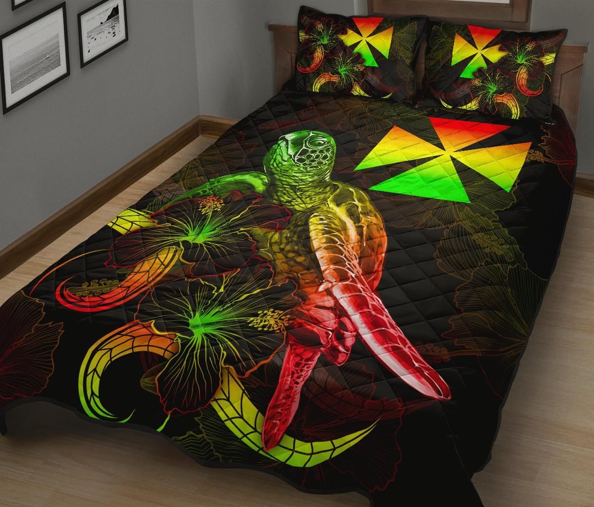 Wallis and Futuna Polynesian Quilt Bed Set - Turtle With Blooming Hibiscus Reggae
