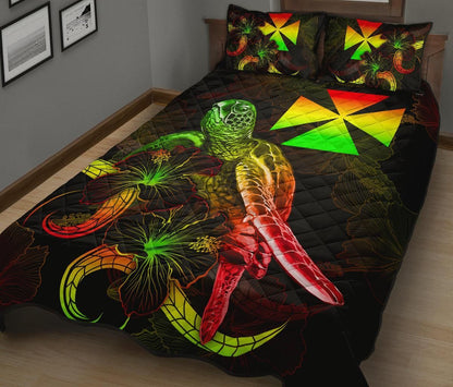 Wallis and Futuna Polynesian Quilt Bed Set - Turtle With Blooming Hibiscus Reggae
