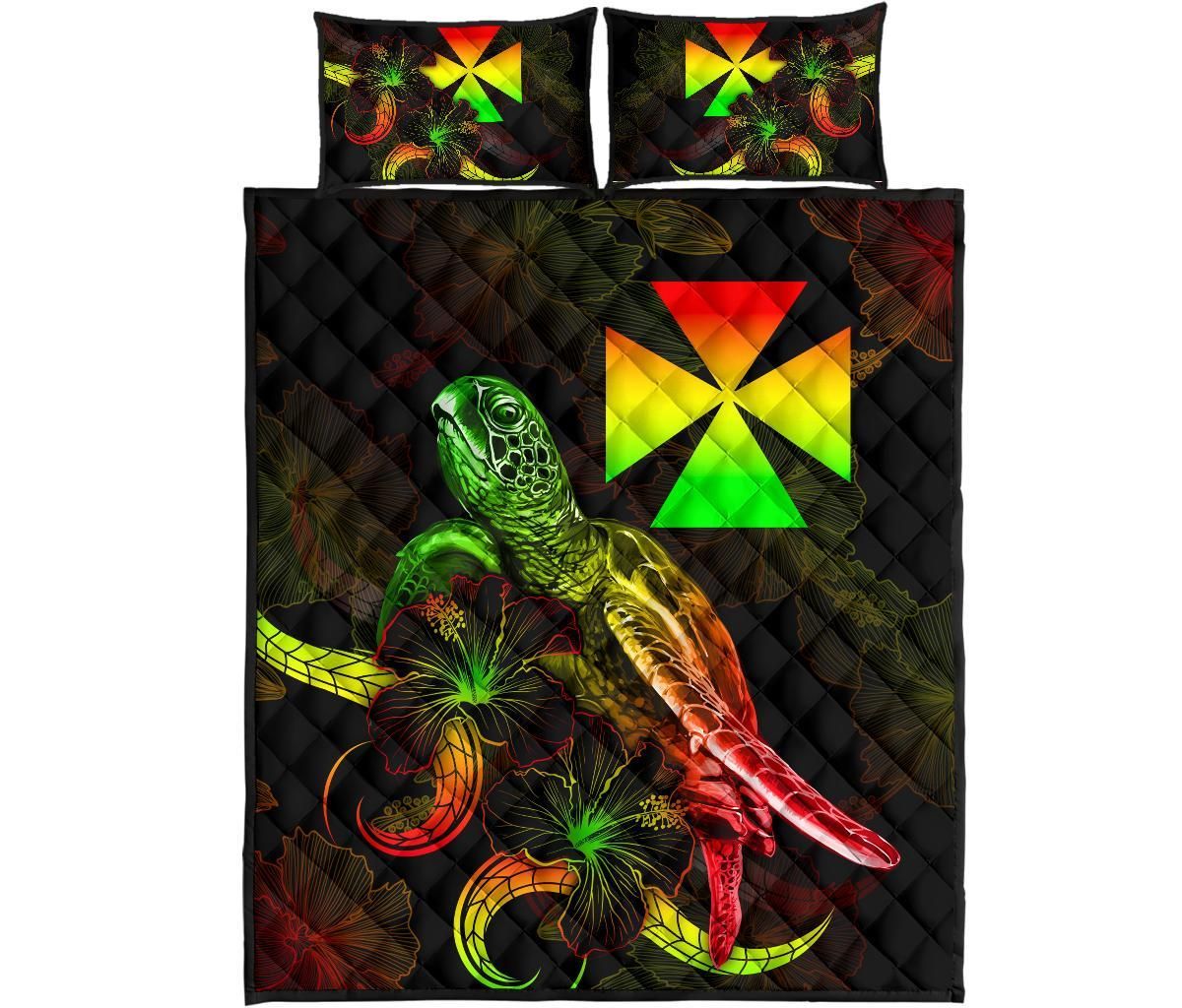 Wallis and Futuna Polynesian Quilt Bed Set - Turtle With Blooming Hibiscus Reggae