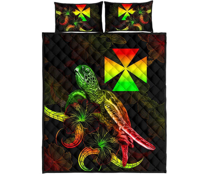 Wallis and Futuna Polynesian Quilt Bed Set - Turtle With Blooming Hibiscus Reggae