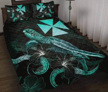 Wallis and Futuna Polynesian Quilt Bed Set - Turtle With Blooming Hibiscus Turquoise