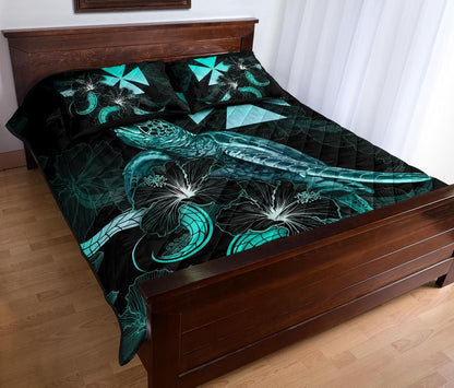 Wallis and Futuna Polynesian Quilt Bed Set - Turtle With Blooming Hibiscus Turquoise