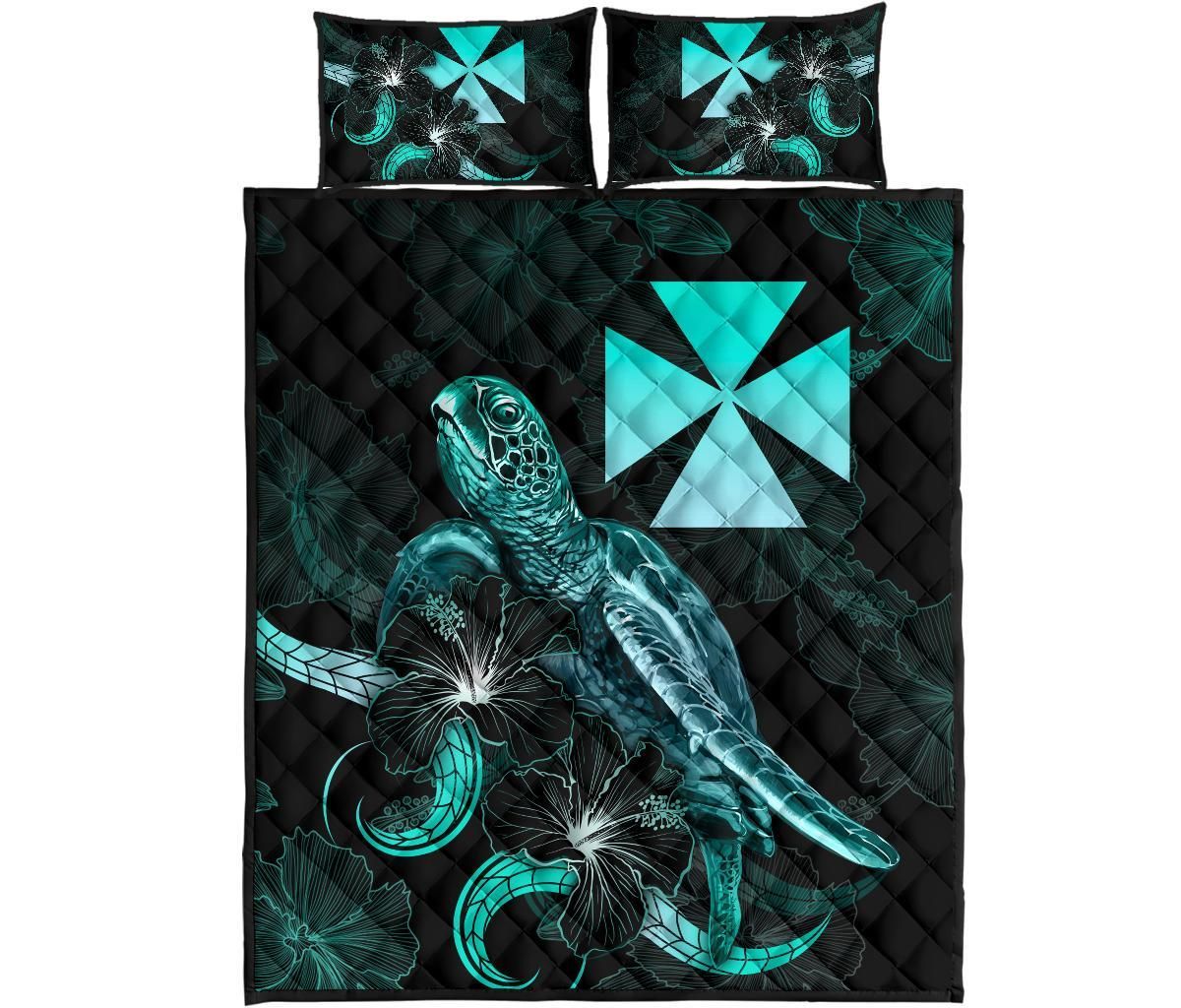 Wallis and Futuna Polynesian Quilt Bed Set - Turtle With Blooming Hibiscus Turquoise