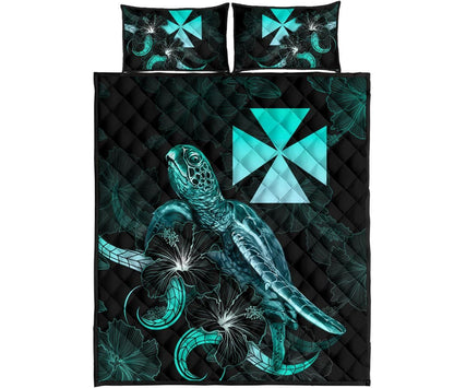 Wallis and Futuna Polynesian Quilt Bed Set - Turtle With Blooming Hibiscus Turquoise