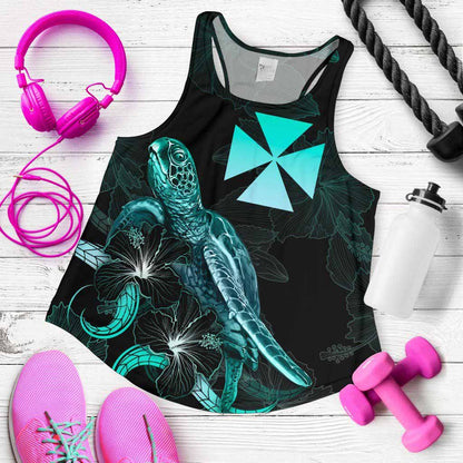 Wallis and Futuna Polynesian Women Tank Top - Turtle With Blooming Hibiscus Turquoise