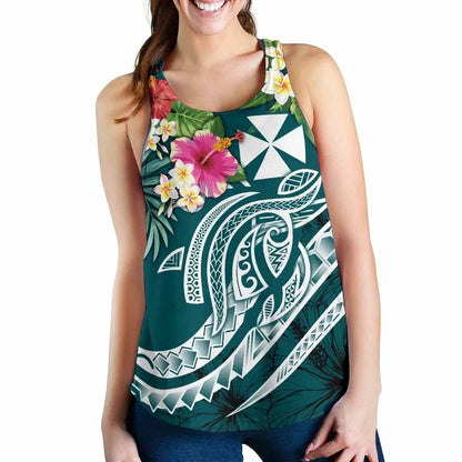 Wallis and Futuna Polynesian Women Racerback Tank - Summer Plumeria (Turquoise)