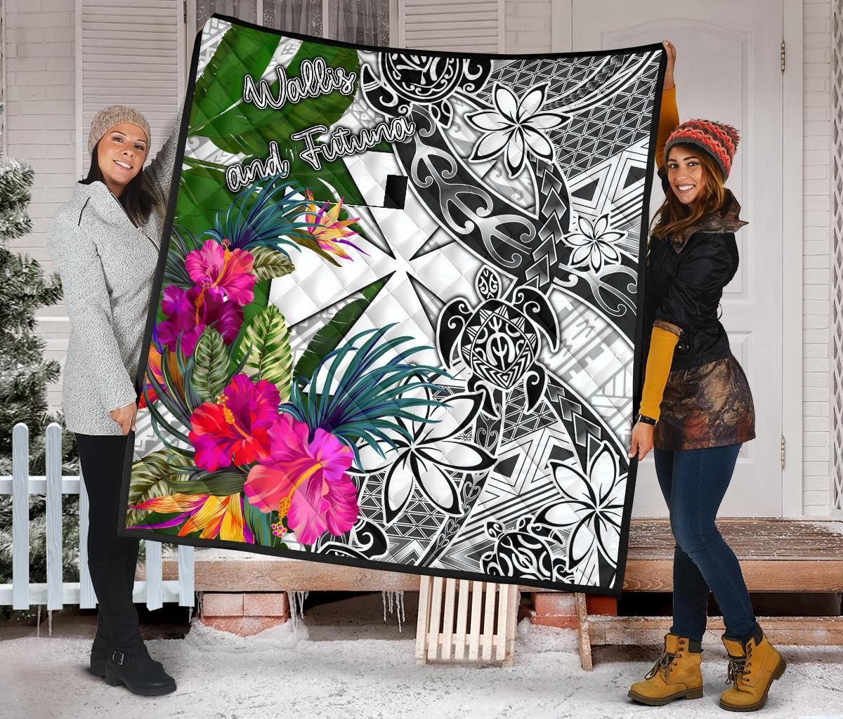 Wallis And Futuna Premium Quilt White - Turtle Plumeria Banana Leaf