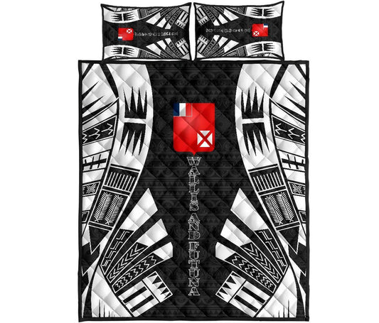 Wallis and Futuna Quilt Bed Set - Wallis and Futuna Coat Of Arms & Polynesian White Tattoo Style