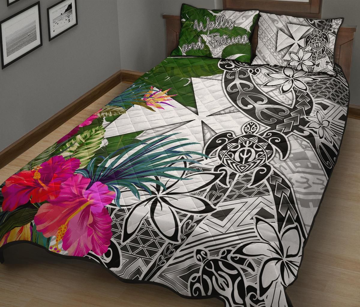 Wallis And Futuna Quilt Bed Set White - Turtle Plumeria Banana Leaf