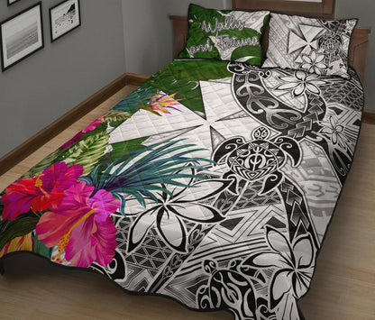 Wallis And Futuna Quilt Bed Set White - Turtle Plumeria Banana Leaf