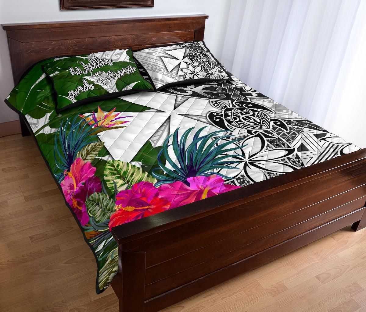 Wallis And Futuna Quilt Bed Set White - Turtle Plumeria Banana Leaf