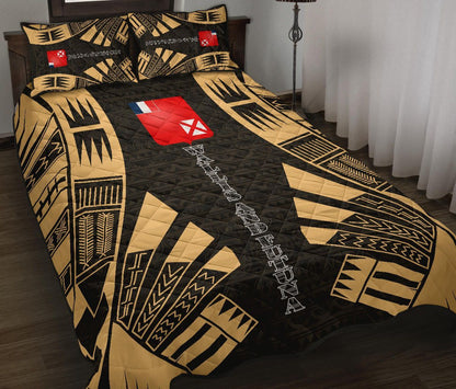 Wallis and Futuna Quilt Bed Set - Wallis and Futuna Coat Of Arms & Polynesian Yellow Tattoo Style