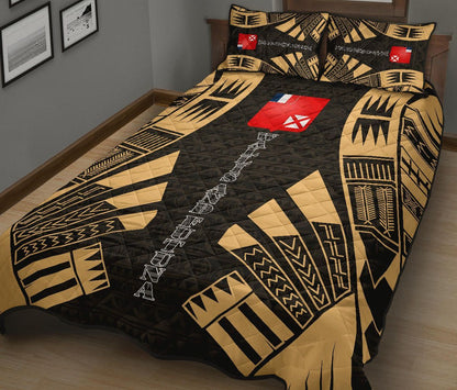 Wallis and Futuna Quilt Bed Set - Wallis and Futuna Coat Of Arms & Polynesian Yellow Tattoo Style