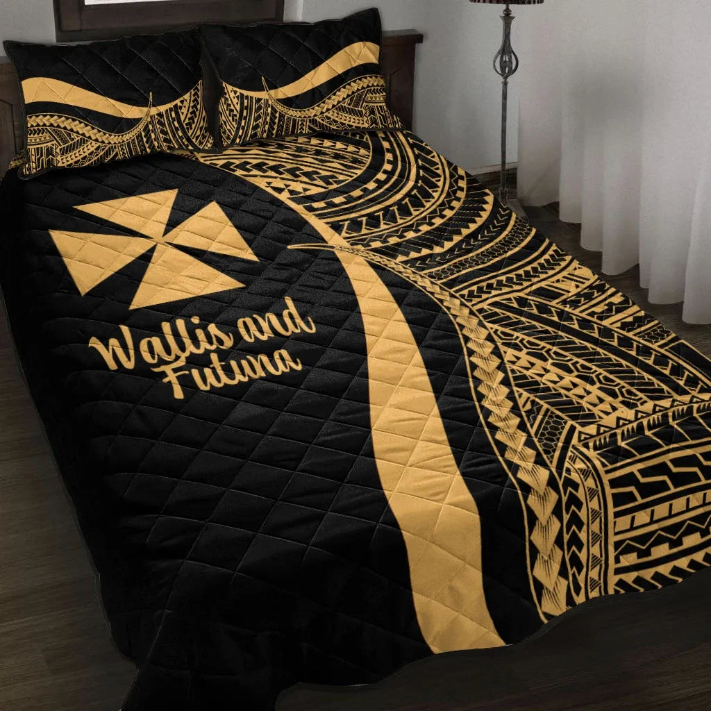 Wallis and Futuna Quilt Bed Set - Gold Polynesian Tentacle Tribal Pattern