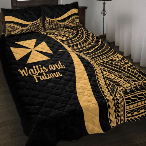 Wallis and Futuna Quilt Bed Set - Gold Polynesian Tentacle Tribal Pattern