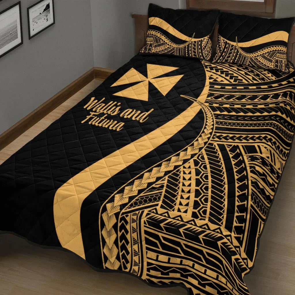 Wallis and Futuna Quilt Bed Set - Gold Polynesian Tentacle Tribal Pattern