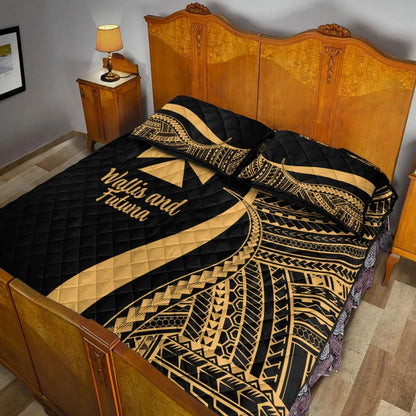 Wallis and Futuna Quilt Bed Set - Gold Polynesian Tentacle Tribal Pattern