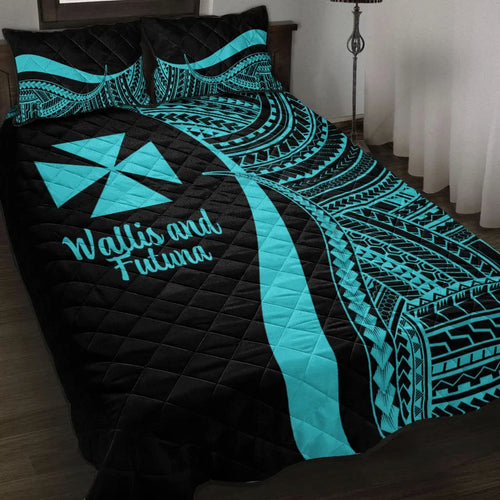 Wallis and Futuna Quilt Bed Set - Turquoise Polynesian Tentacle Tribal Pattern