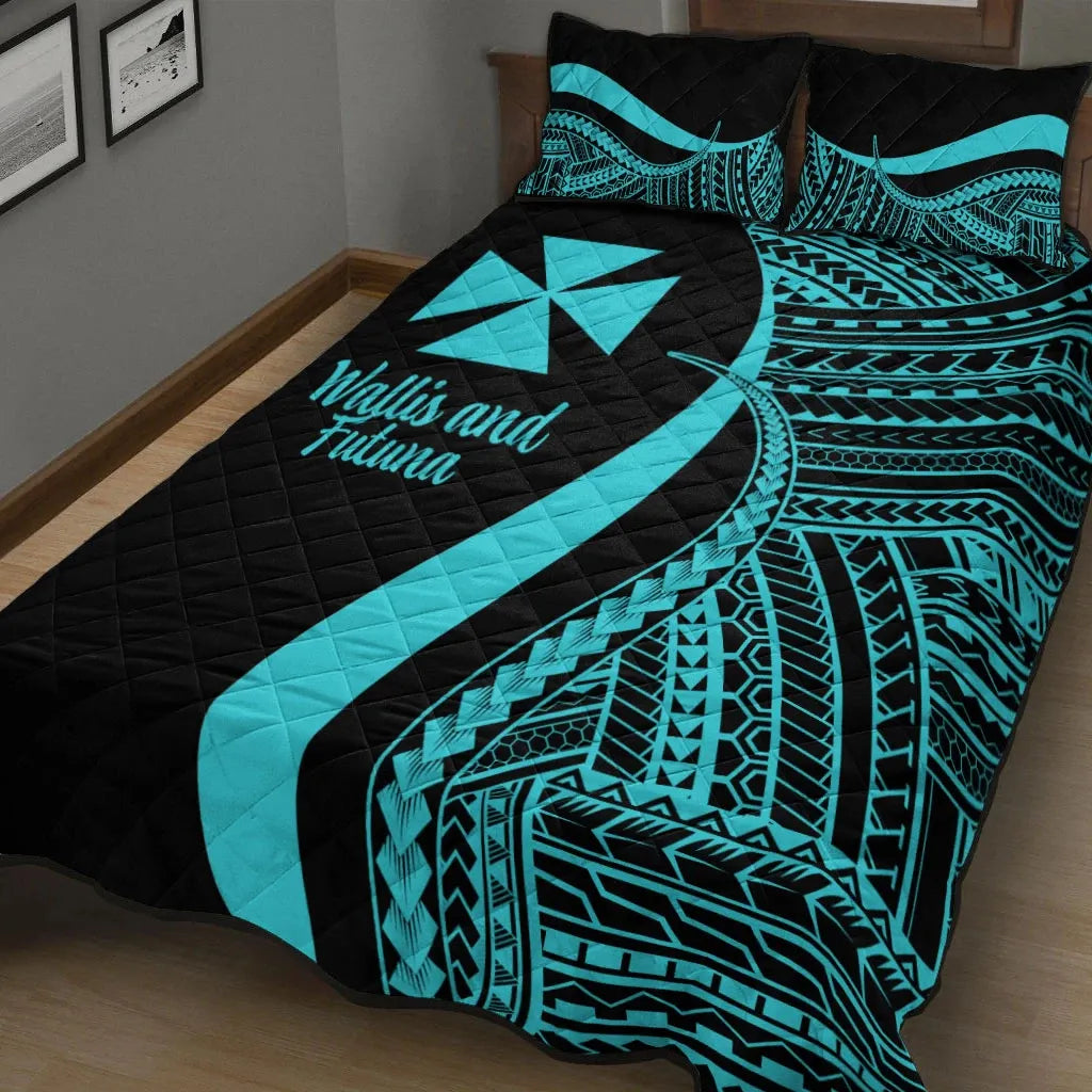 Wallis and Futuna Quilt Bed Set - Turquoise Polynesian Tentacle Tribal Pattern
